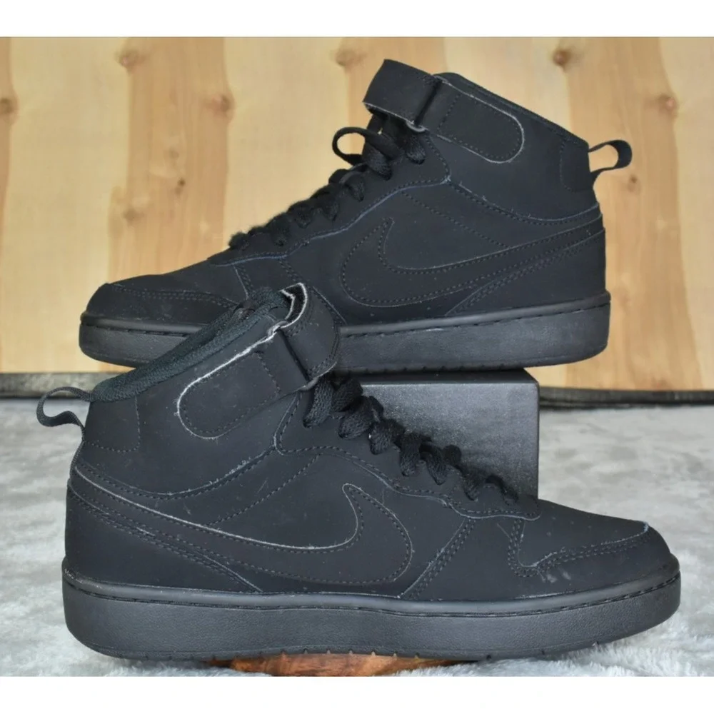 Nike Court Borough Mid 2 GS Kids Shoes Size 6.5Y Triple Black Suede Sneakers